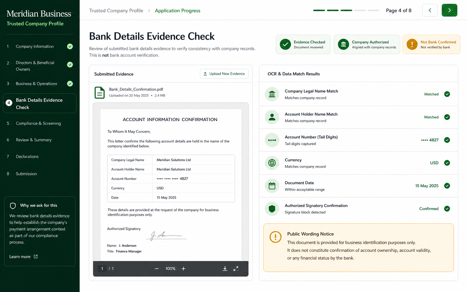 Bank Details Evidence Check page concept